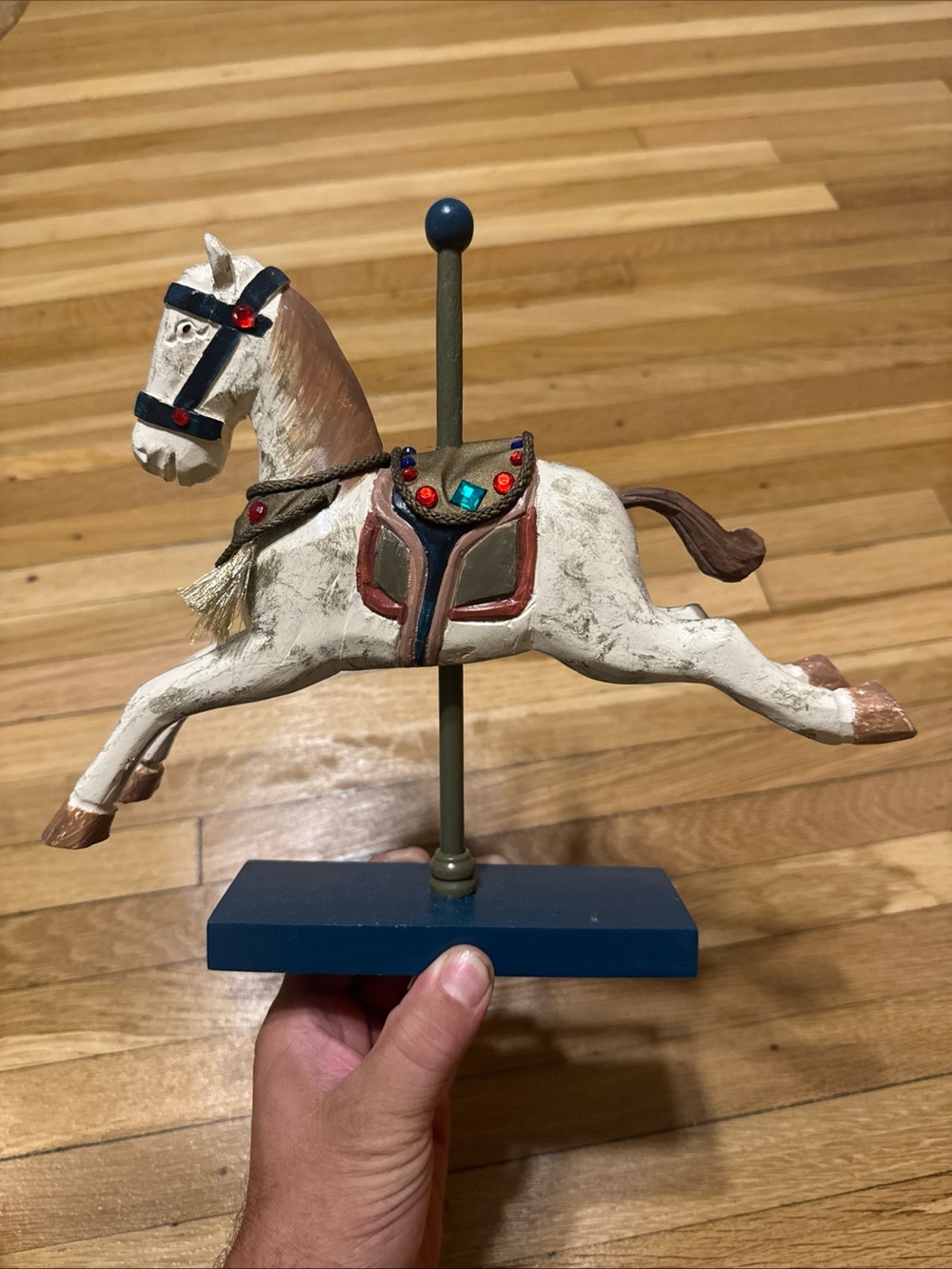 Vintage Russ "Treasures of Christmas Past" hand-carved wooden carousel horse set
